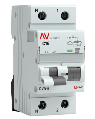 DVA-6 1P+N 16А (C) 30мА (AC) 6кА  AVERES (rcbo6-1pn-16C-30-ac-av). Автоматический выключатель дифференциального тока. EKF в Каменске-Уральском