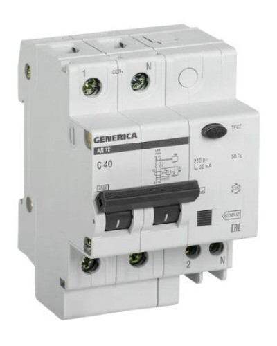 GENERICA АД12 2Р 40А 30мА (MAD15-2-040-C-030). Автоматический выключатель дифференциального тока. IEK в Каменске-Уральском